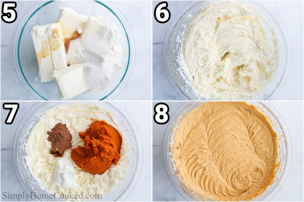 Steps to make Pumpkin Cheesecake Bars: mixing the sugar and cream cheese together, then adding the pumpkin and spices, mixing some more.