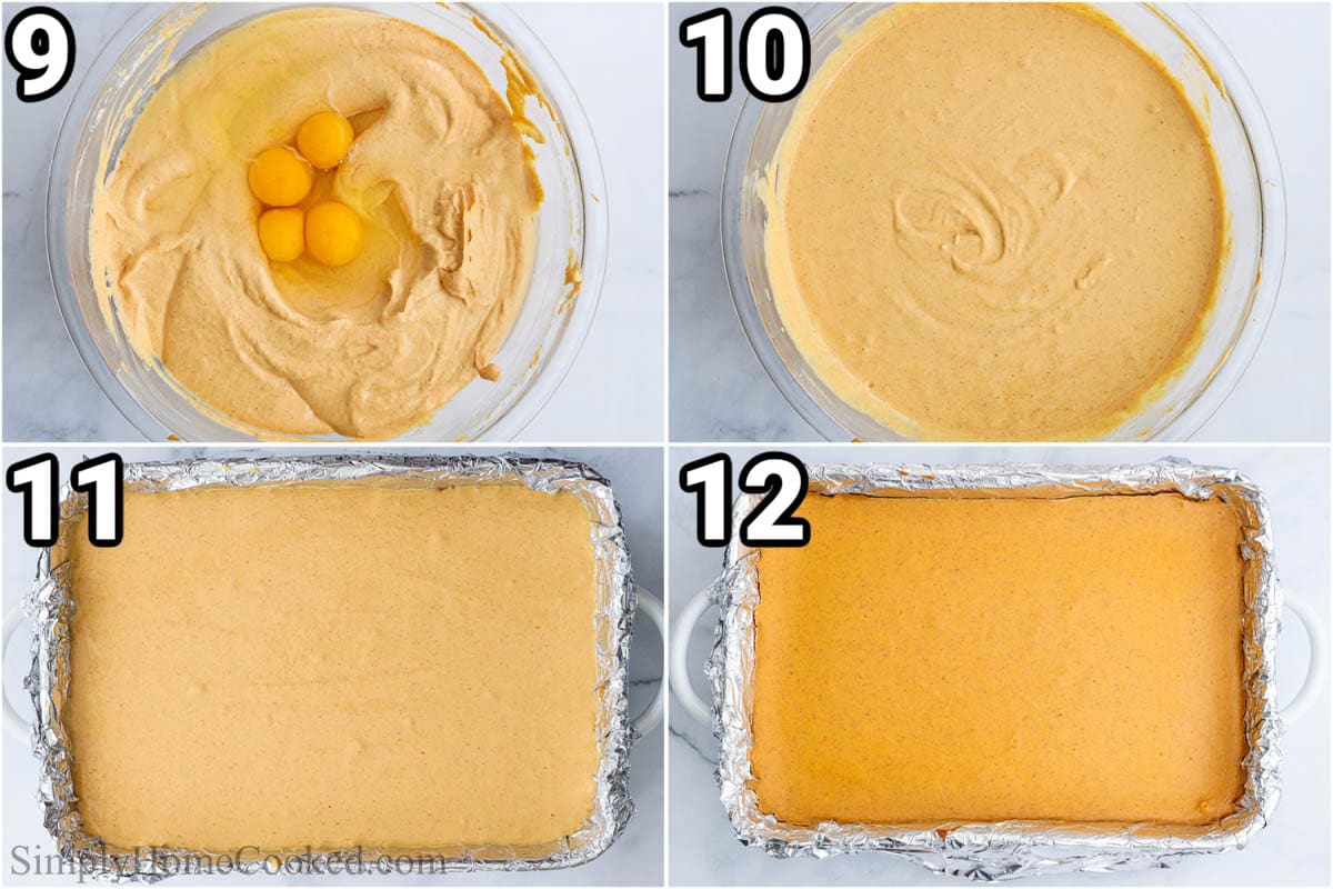 Steps to make Pumpkin Cheesecake Bars:Adding eggs and then mixing again before adding it to the crust and baking until set.
