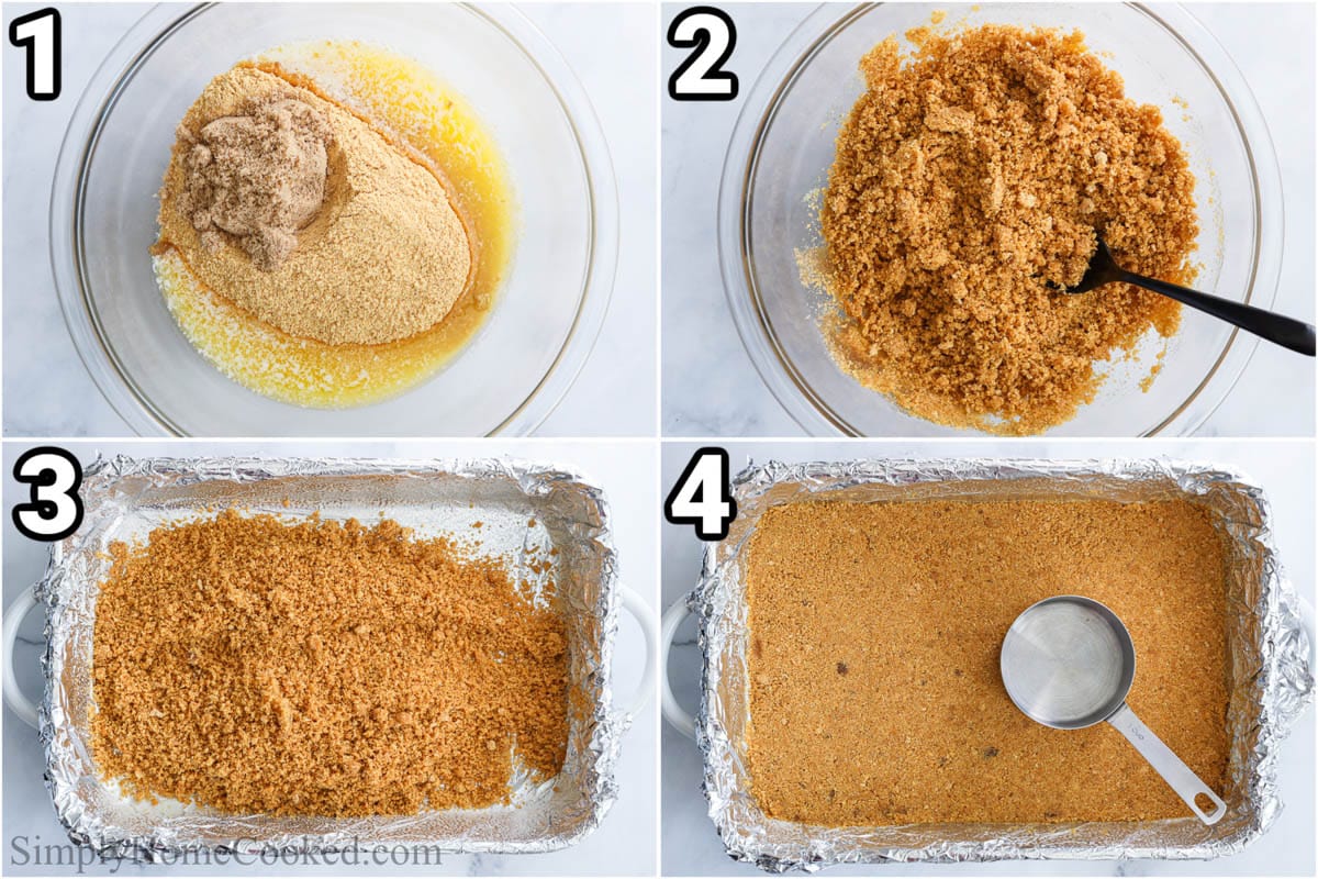 Steps to make Pumpkin Cheesecake Bars: mixing the crust ingredients with a spoon and then pressing them into a baking dish with a measuring cup before baking.