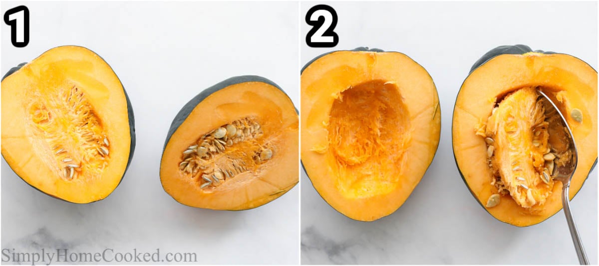 Steps to make Roasted Acorn Squash: cut the squash in half and remove the seeds with a large spoon.