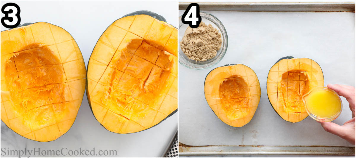 Steps to make Roasted Acorn Squash: cut the squash into a crosshatch pattern and then spread the butter, salt, and brown sugar on top.