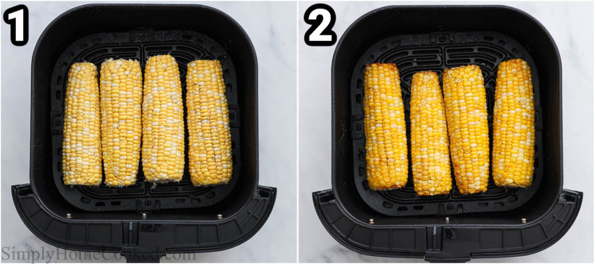 Steps to prepare Air Fryer Corn on the Cob: Season the corn and coat with oil, then cook in the Air Fryer basket.