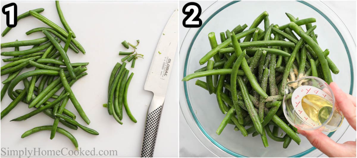Steps to make Air Fryer Green Beans: Trim the green beans and add oil and seasonings in a bowl.