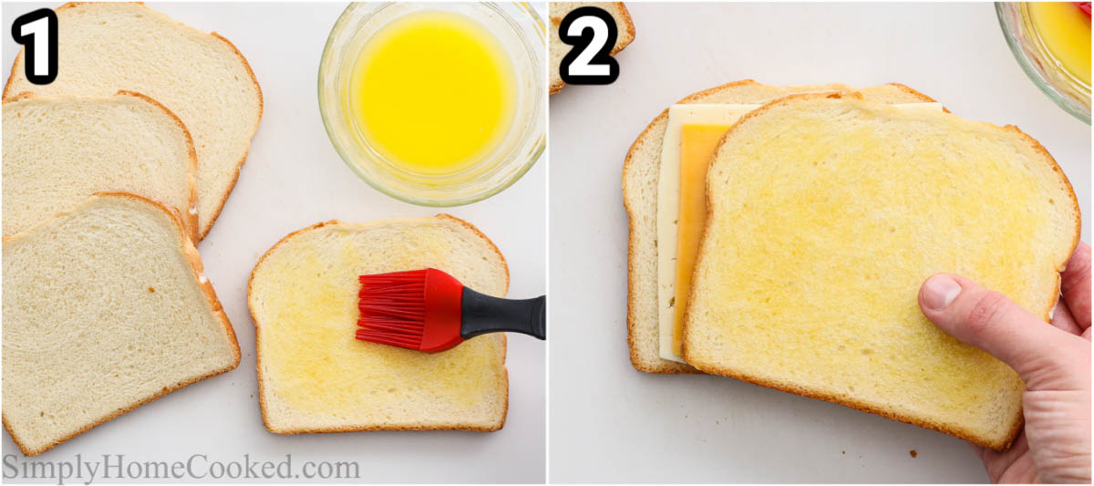Steps to make Air Fryer Grilled Cheese: butter the bread with a pastry brush, then add cheese.