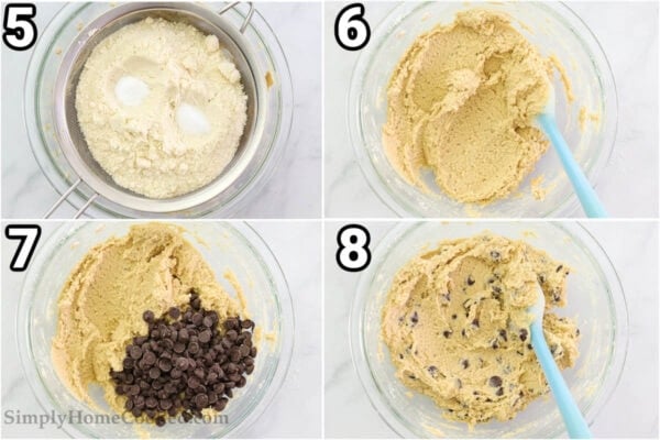 Steps to make Almond Flour Chocolate Chip Cookies: sift in the dry ingredients, then add the chocolate chips and mix with a spatula.