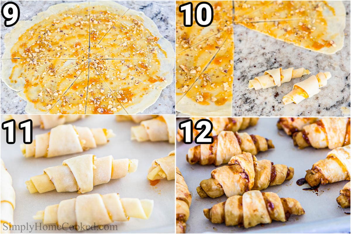 Steps to make Apricot Rugelach: add the jam and walnuts to the dough and then slice it into 12 pieces, rolling each one up to bake.