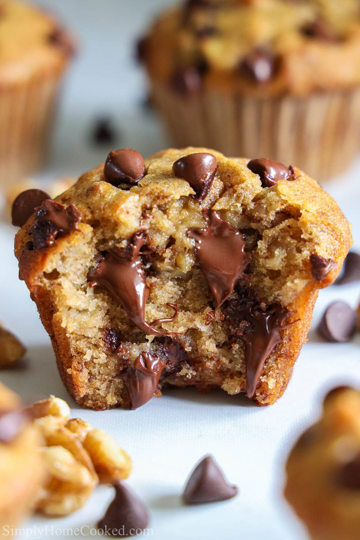 Banana Chocolate Chip Muffin with a bite missing. 
