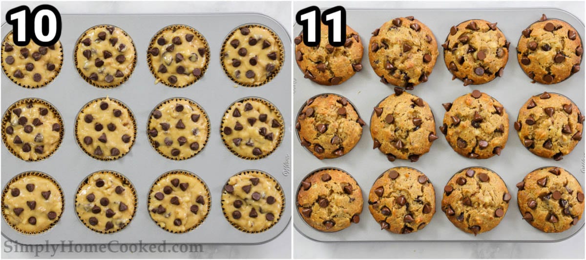 Steps to make Banana Chocolate Chip Muffins: pour the batter into the muffin tins, add chocolate chips on top, and bake. 