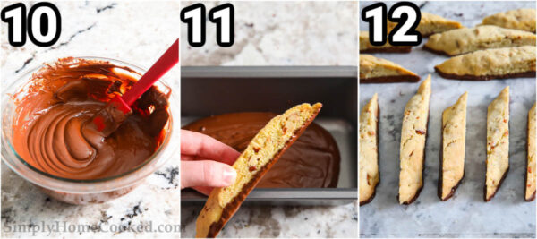 Steps to make Chocolate Dipped Almond Biscotti: melt the chocolate, then dip the biscotti, and let it set.