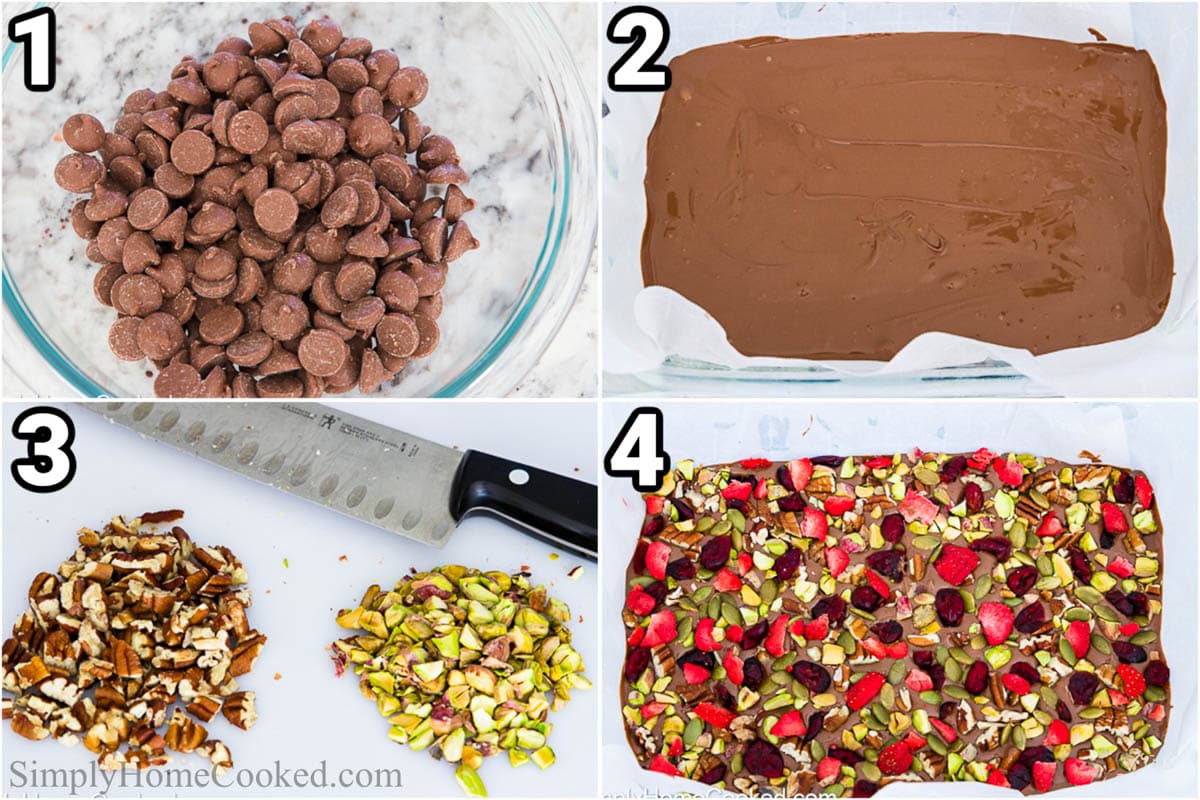 Steps to make Chocolate Bark: melt chocolate chips in bowl and then spread it in a baking dish, add the chopped nuts and dried fruit.