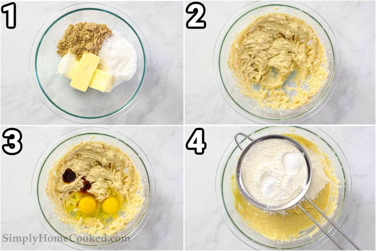 Passos para fazer Cookies e Cream Cookies: bata os ingredientes molhados, depois acrescente os ovos e peneire os ingredientes secos.