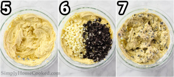Steps to make Cookies and Cream Cookies: add the chocolate chips and Oreo pieces, then mix.