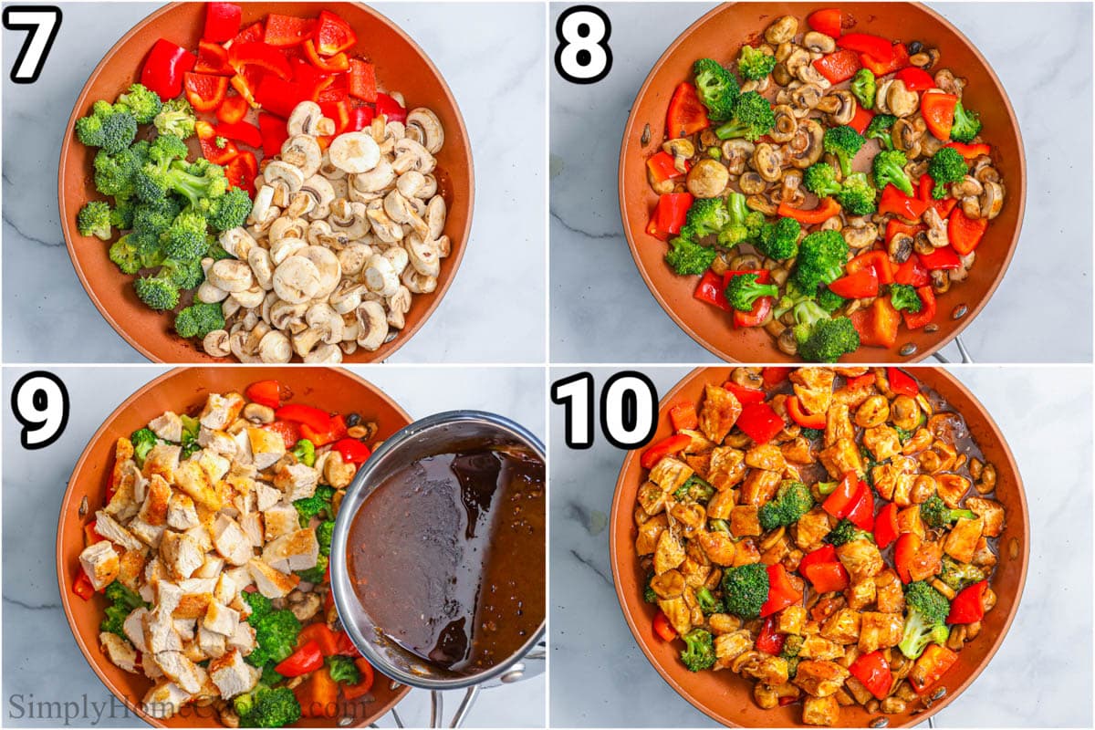 Passos para fazer Hunan Chicken: refogue os legumes, adicione o molho e o frango à frigideira e misture.