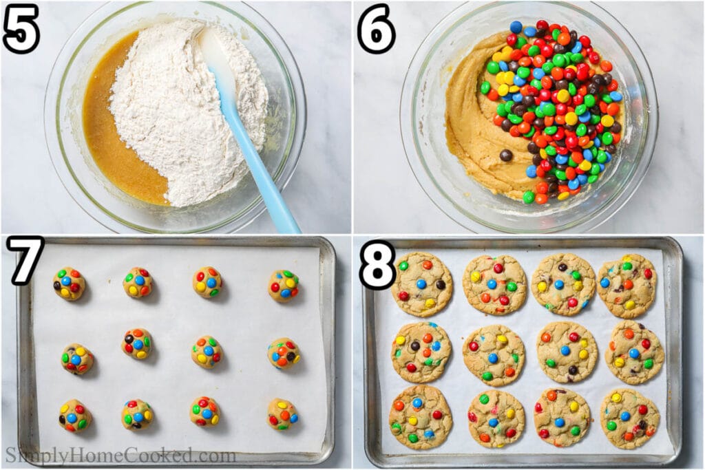 Steps to make Chewy M&M Cookies: add the wet and dry ingredients, then the M&Ms, and roll the dough into balls to be baked.
