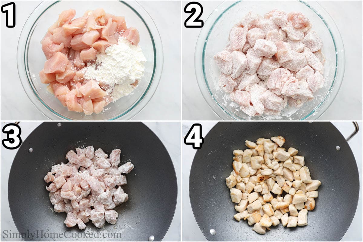 Steps to make Panda Express Mushroom Chicken: mix the chicken cubes with cornstarch, then wok fry them.