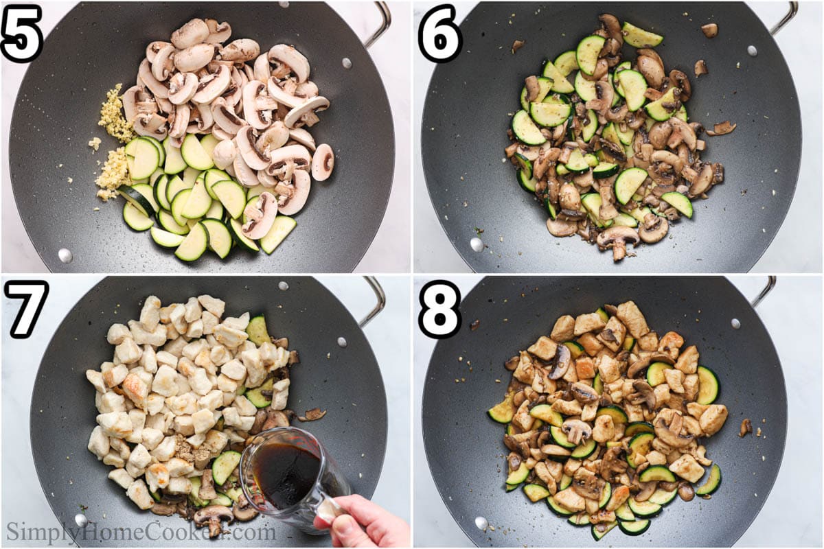 Steps to make Panda Express Mushroom Chicken:  cook the mushrooms and zucchini in the wok, then add the chicken and the sauce ingredients and simmer.
