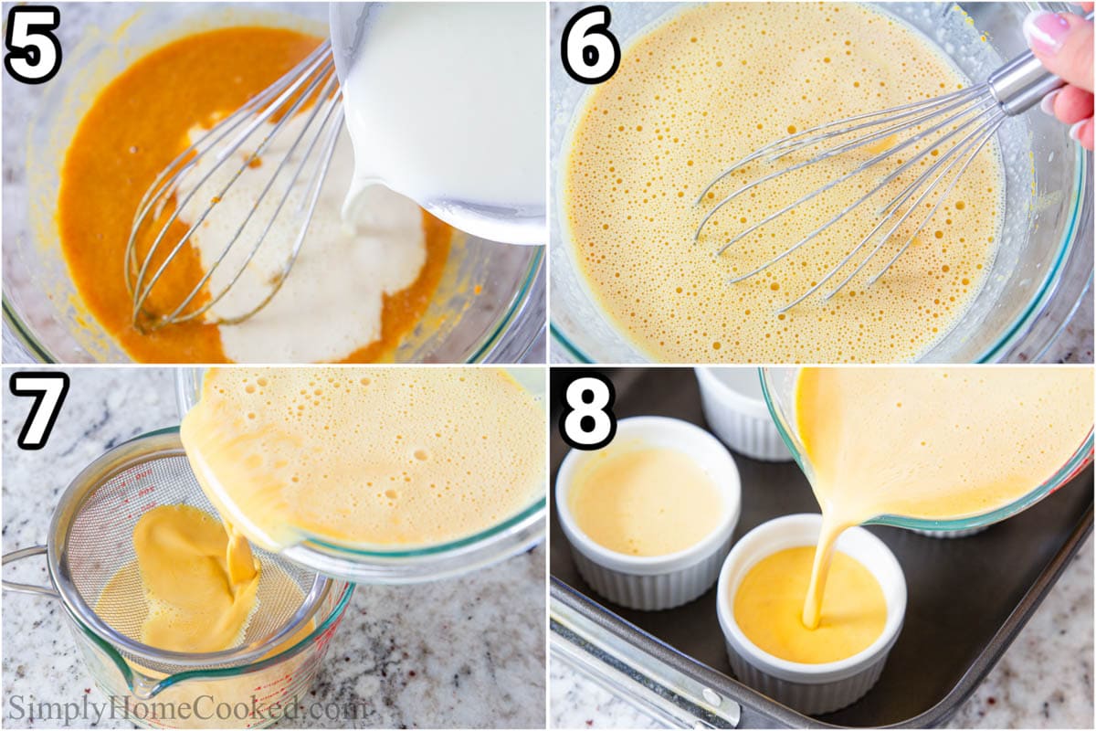 Steps to make Pumpkin Creme Brulee: mixing in the heavy cream and then straining the liquid, then filling ramekins.