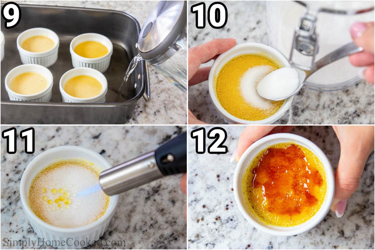 Steps to make Pumpkin Creme Brulee: baking in a water bath, then adding sugar on top and torching it to make a crust.