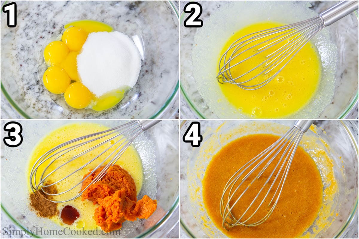 Steps to make Pumpkin Creme Brulee: whisking sugar and egg yolks together, then adding pumpkin puree and spices and whisking again.