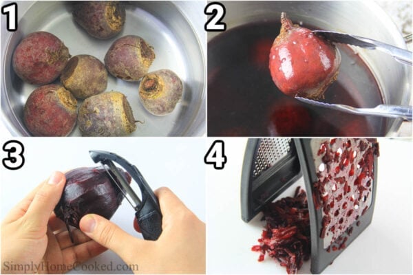 Steps to make Russian Beet Salad: boil the beets, peel, and shred them.