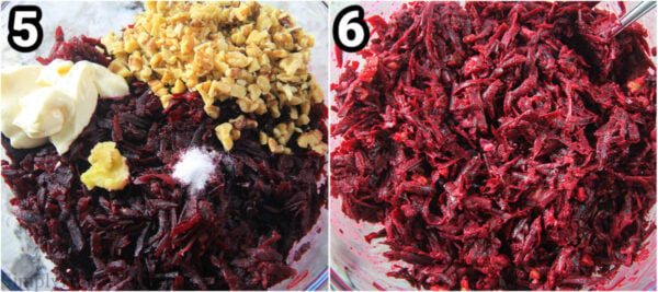 Steps to make Russian Beet Salad: add the walnuts, beets, salt, garlic, and mayo together and mix.