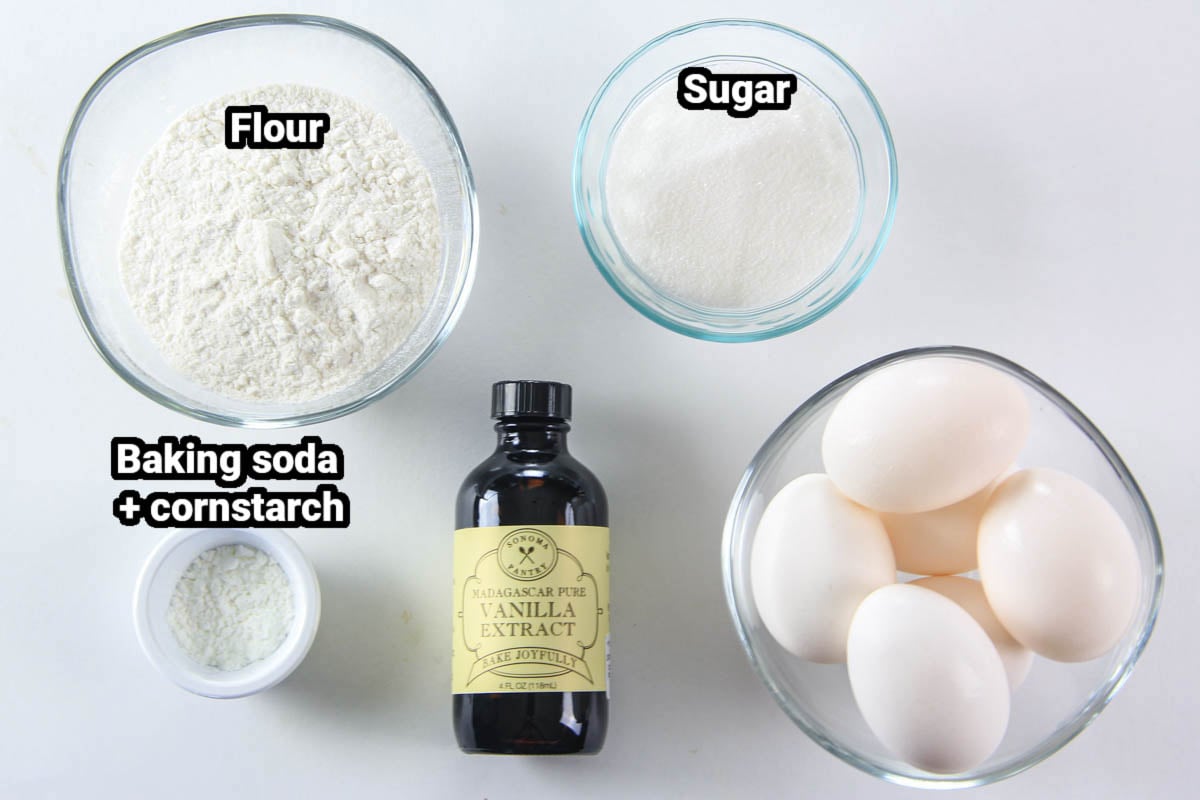 Ingredients for Tiramisu Cake: flour, sugar, baking soda, cornstarch, vanilla, and eggs.