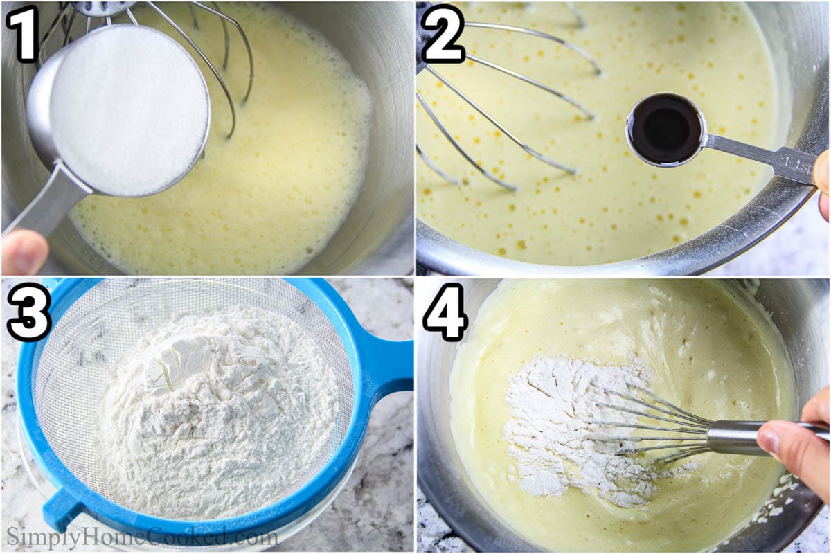 Steps to make Tiramisu Cake: mix together the wet and sifted dry ingredients for the cake in a stand mixer.