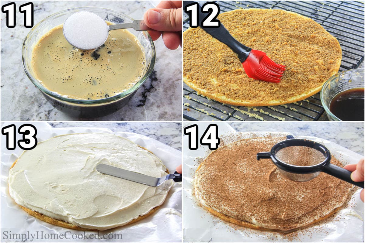 Steps to make Tiramisu Cake: make the coffee soak for the cake, then layer and assemble it with frosting and cocoa powder.