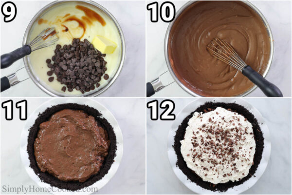 Steps to make Chocolate Cram Pie: Add the chocolate chips and butter to the custard and then whisk until thickened before adding the custard to the crust and topping with whipped cream and chocolate shavings.
