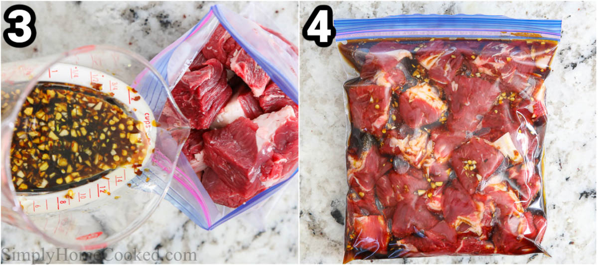Steps to make Air Fryer Steak Tips: add the marinade to the steak in a ziplock bag and marinate.