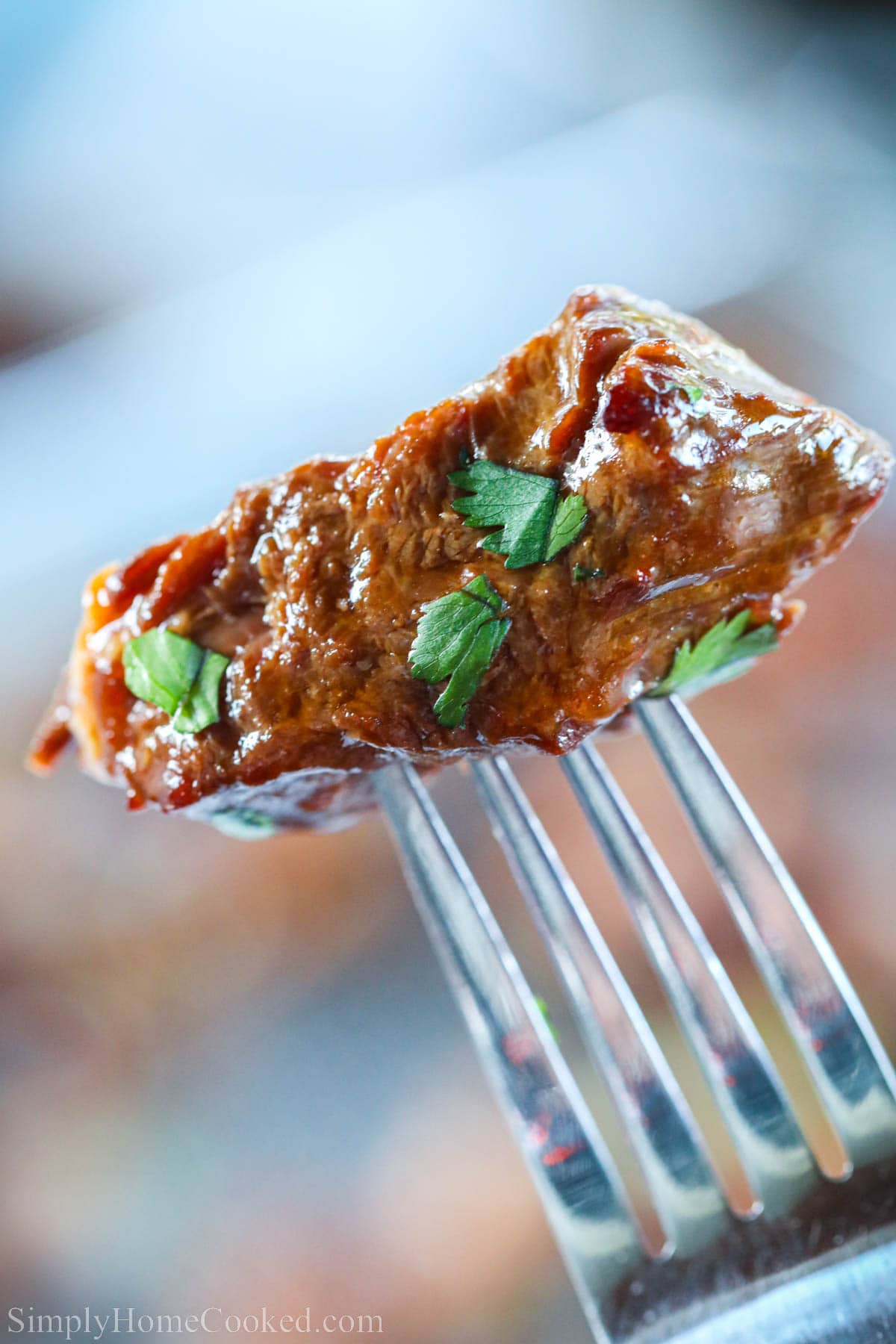 These Juicy Air fryer Steak Bites are savory, tender, and so easy to make. You'll make this recipe again and again. #beststeakbiterecipe #easysteakprep #airfryerdinnerrecipe #savoryairfryersteakbites Closeup of an Air Fryer Steak Bite on a fork.