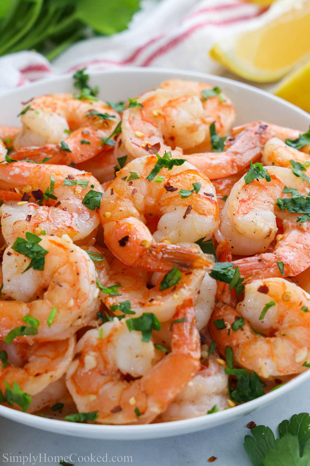 Close up of a bowl of Baked Shrimp