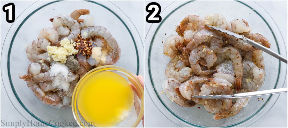Steps to make Baked Shrimp: season them with garlic, butter, and spices, then toss with tongs.