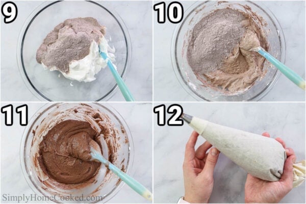 Steps to make Chocolate Macarons: combine the dry ingredients with the meringue in parts, then add it to a piping bag.