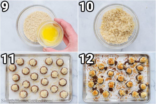Steps to make Crab Stuffed Mushrooms: make the filling by combining butter and Panko breadcrumbs in a bowl ,then sprinkling it on top of the stuffed mushrooms and baking.