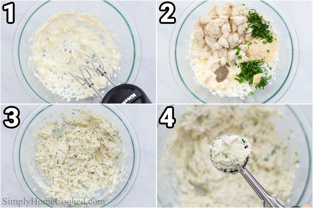 Steps to make Crab Stuffed Mushrooms: mix the softened cream cheese with an electric mixer, then add the crab meat, parsley, green onion, salt, pepper, and mayo, before scooping it to fill the mushrooms.