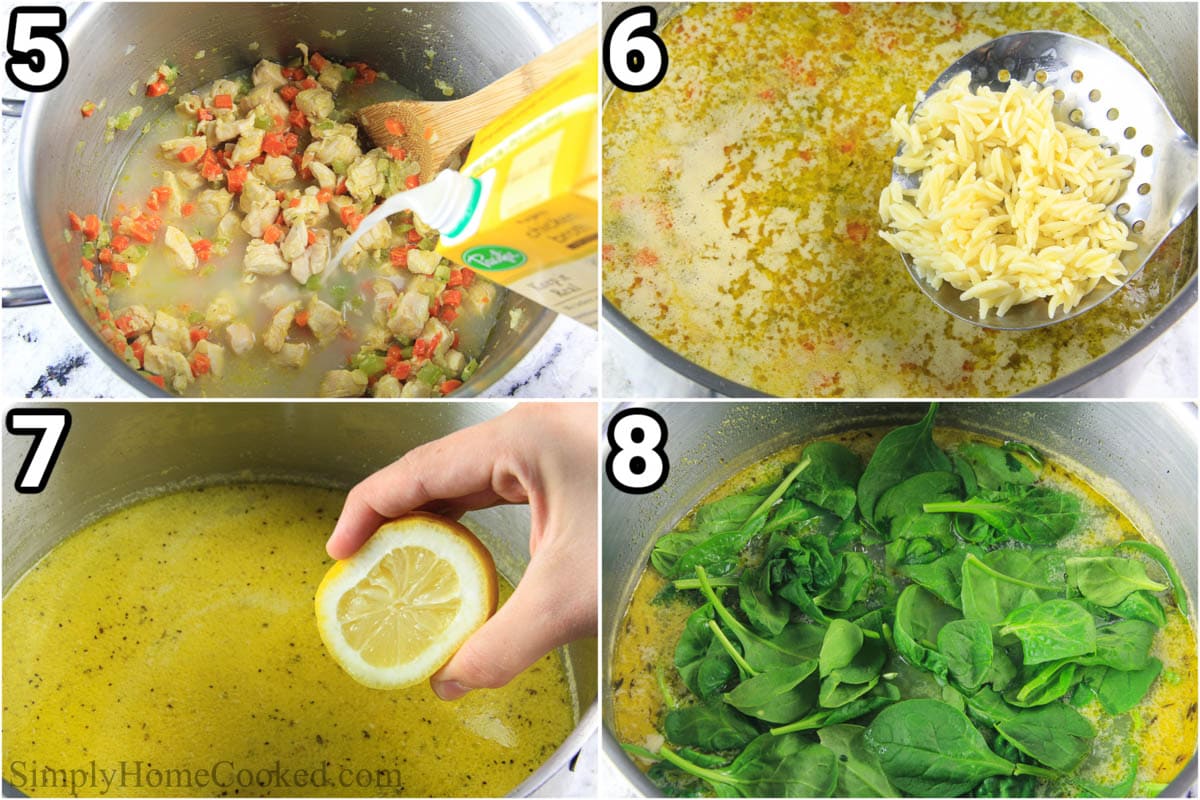 Steps to make Lemon Chicken Orzo Soup: add the chicken broth and then the cooked orzo with a slotted spoon, then add the fresh lemon juice and spinach to the soup pot.