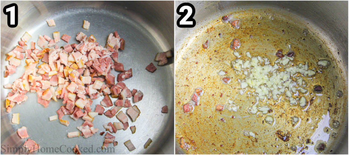 Steps to prepare a potato and leek soup: Cook the bacon bits in a saucepan, then cook the garlic in the bacon fat.