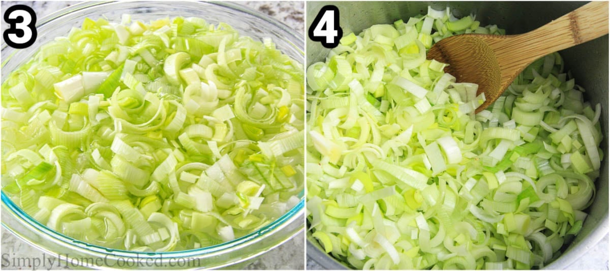 Steps to prepare a Potato Leek Soup: Chop the leek and soak it in a bowl of water, then boil it and stir with a wooden spoon.