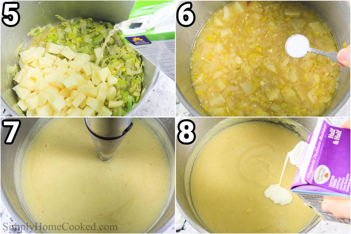 Preparation of the potato and leek soup: add the potatoes and broth to the leek, season with salt and puree.  Then add the cream and blend again.