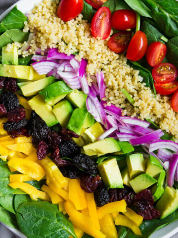 A Spinach Salad topped with cherry tomatoes, red onion, avocado, bell pepper, dried cherries, and cooked quinoa,