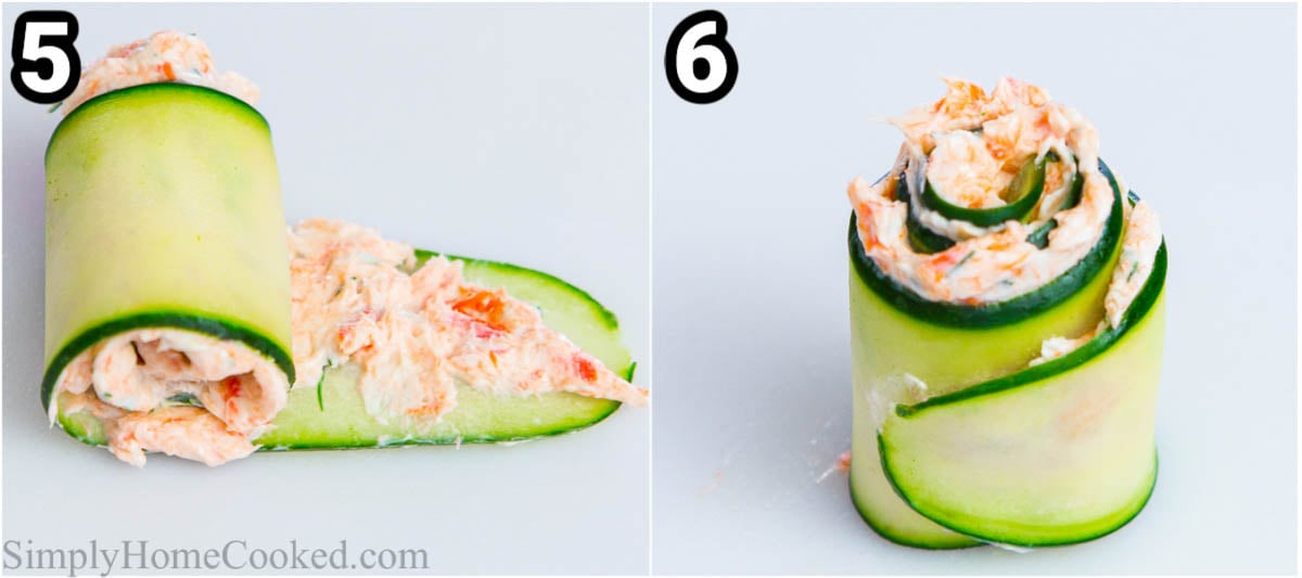 Steps to make Smoked Salmon Appetizers: after spreading the salmon mixture on the cucumber slices, rolled them up tightly.