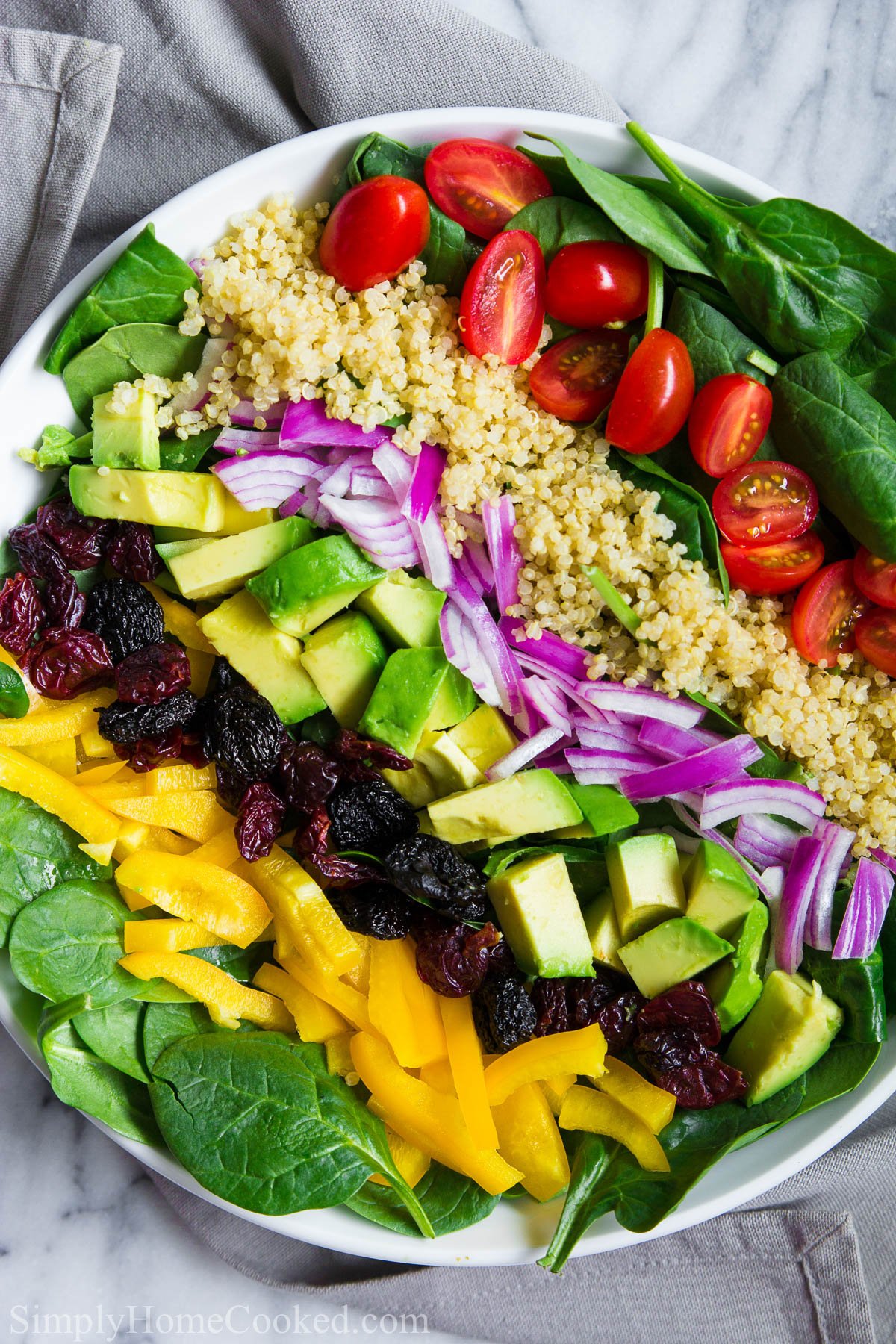 A Spinach Salad topped with cherry tomatoes, red onion, avocado, bell pepper, dried cherries, and cooked quinoa,