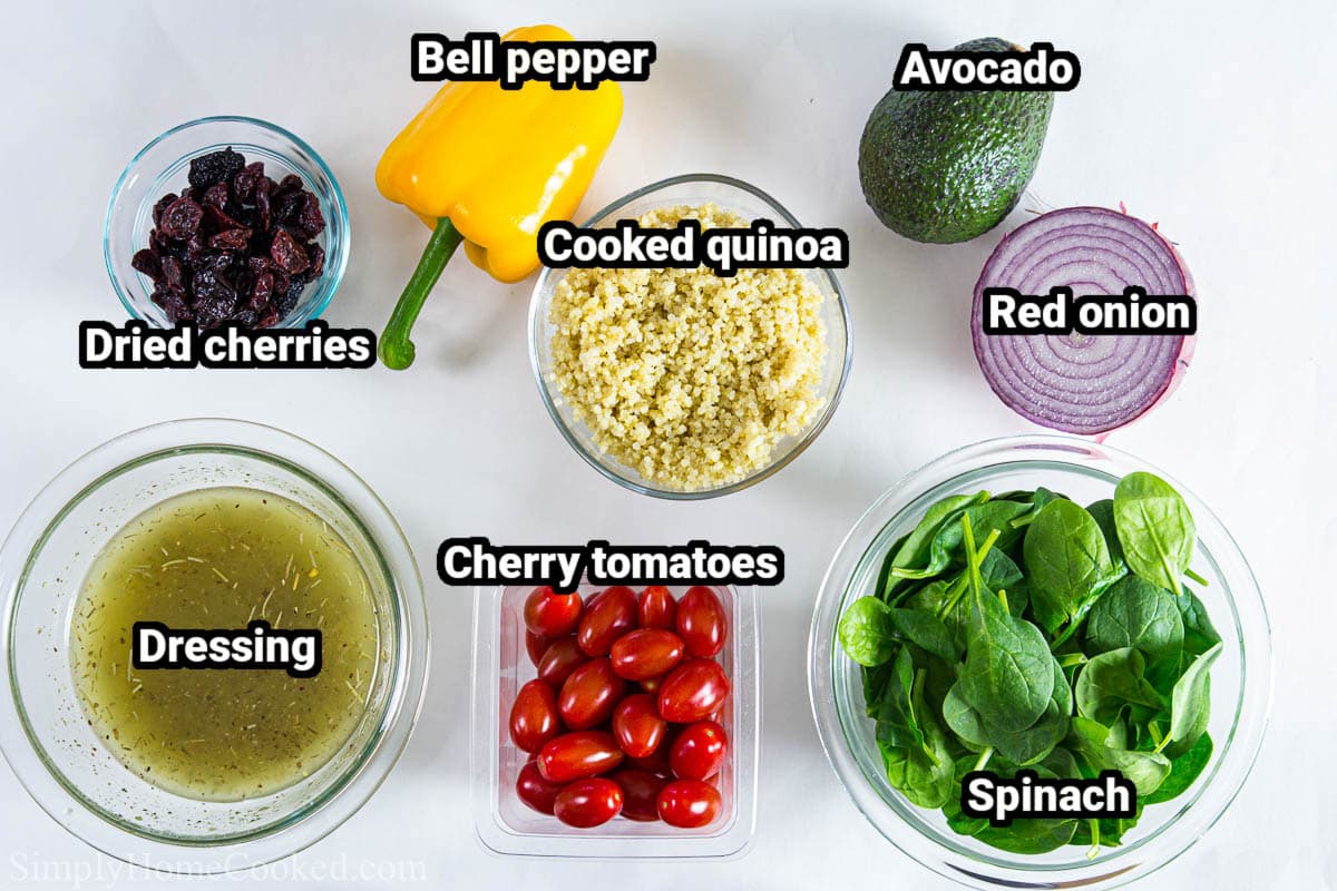 Ingredients for Spinach Salad: baby spinach, cherry tomatoes, red onion, avocado, bell pepper, dried cherries, cooked quinoa, and dressing.