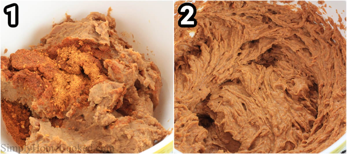 Steps to make 7 Layer Taco Dip: combine the taco seasoning and refried beans thoroughly.