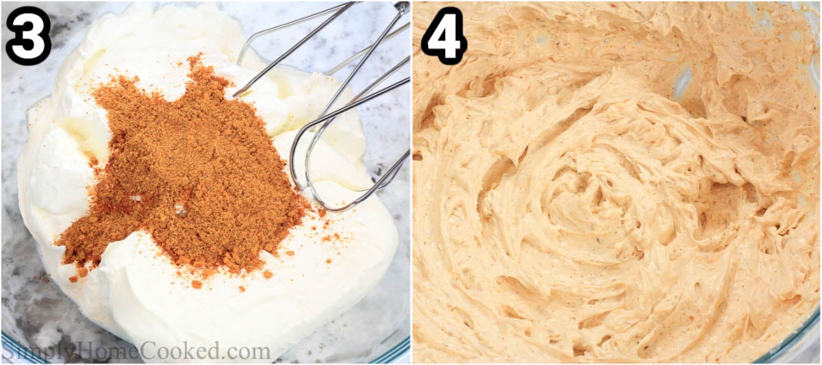 Steps to make 7 Layer Taco Dip: mix the taco seasoning with the sour cream and cream cheese using an electric hand mixer until thoroughly combined.