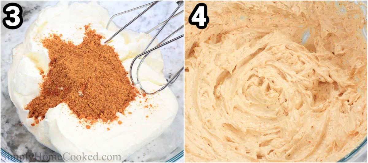 Steps to make the 7-layer taco dip: Using an electric hand mixer, mix the taco seasoning with the sour cream and cream cheese until well combined.