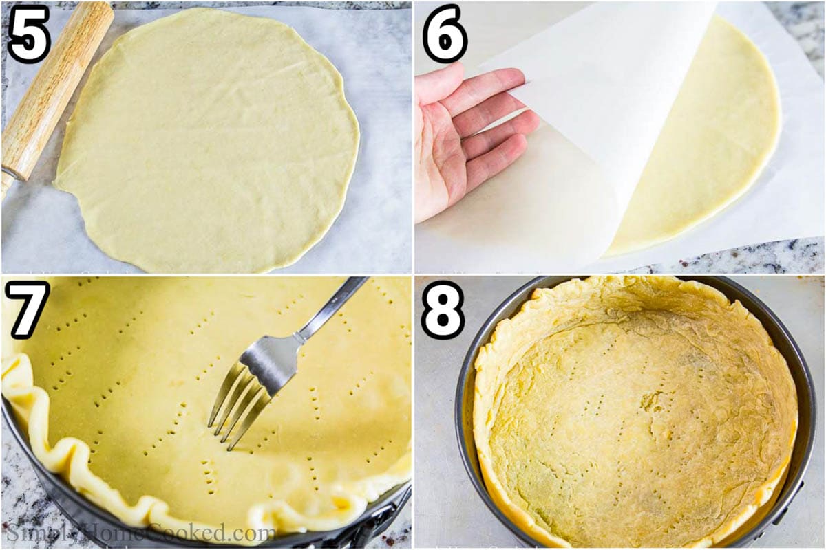 Steps to make Quiche Lorraine: roll out the dough, wrap it in parchment paper, then poke it with a fork once it's in the pie tin before baking.