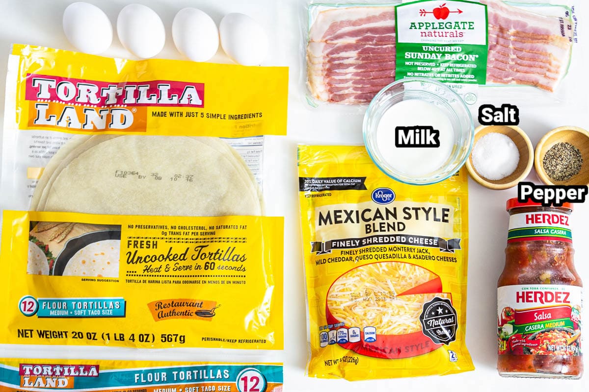 Ingredients for Breakfast Burritos: Flour tortillas, bacon, eggs, milk, cheese, salsa, salt and pepper.
