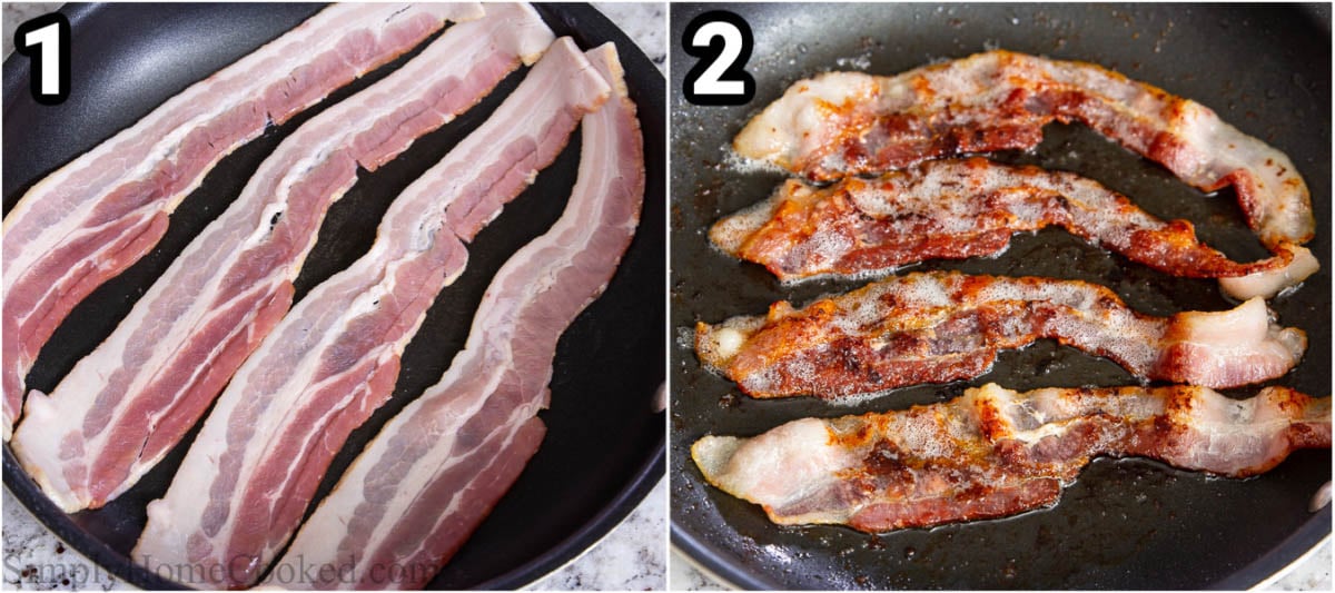 Steps to make Breakfast Burritos: cook the bacon in a pan until crispy.